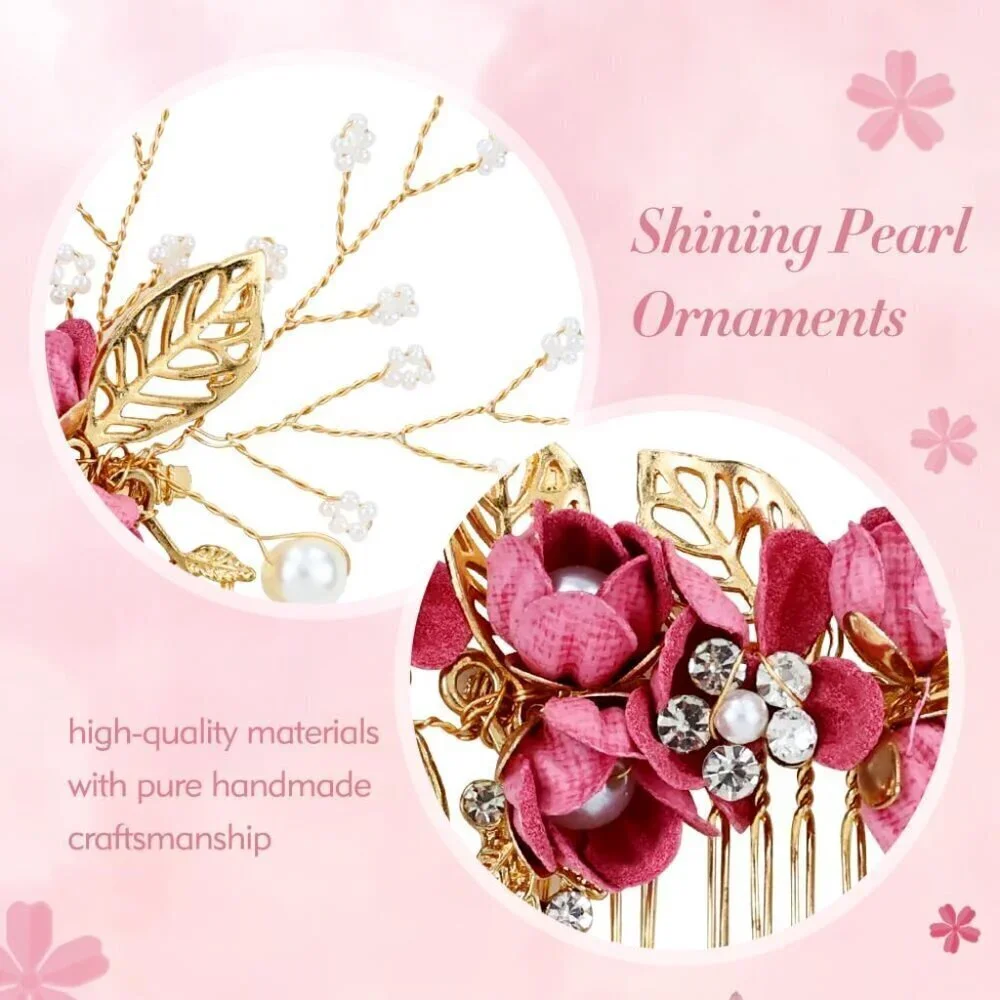 18 Pieces Bridal Wedding Party Prom Pearl Rhinestone Rose Red Flower Hair Side C